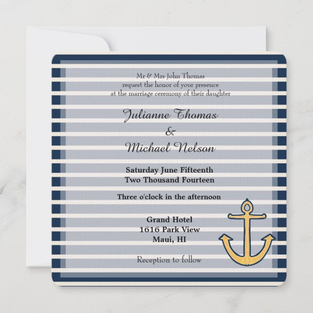 Hochzeit von Navy Blue Stripes Einladung (Vorderseite)