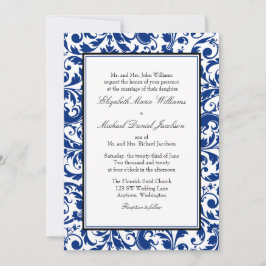 Hochzeit von Navy Blue und Black Swirl Damask Einladung