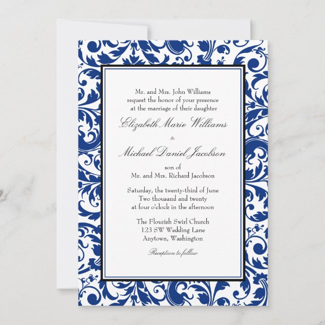 Hochzeit von Navy Blue und Black Swirl Damask Einladung (Vorderseite)