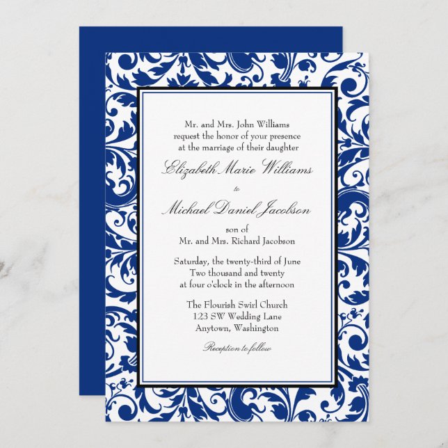 Hochzeit von Navy Blue und Black Swirl Damask Einladung (Vorne/Hinten)