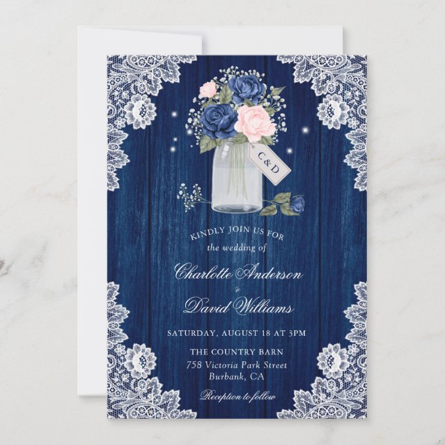 Hochzeit von Navy Blue und Blush Lace Mason Jar Fl Einladung (Vorderseite)