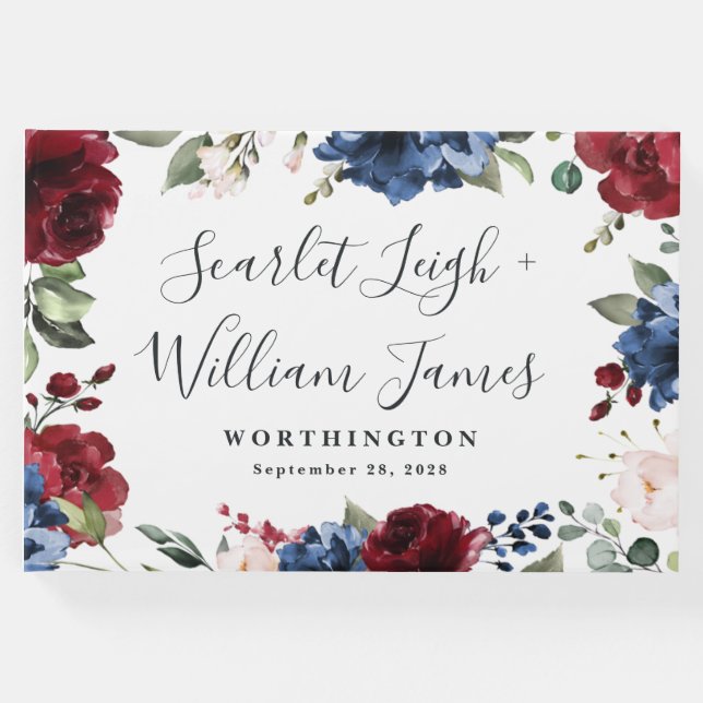 Hochzeit von Navy Blue und Burgund Blush Pink Flor Gästebuch (Vorderseite)