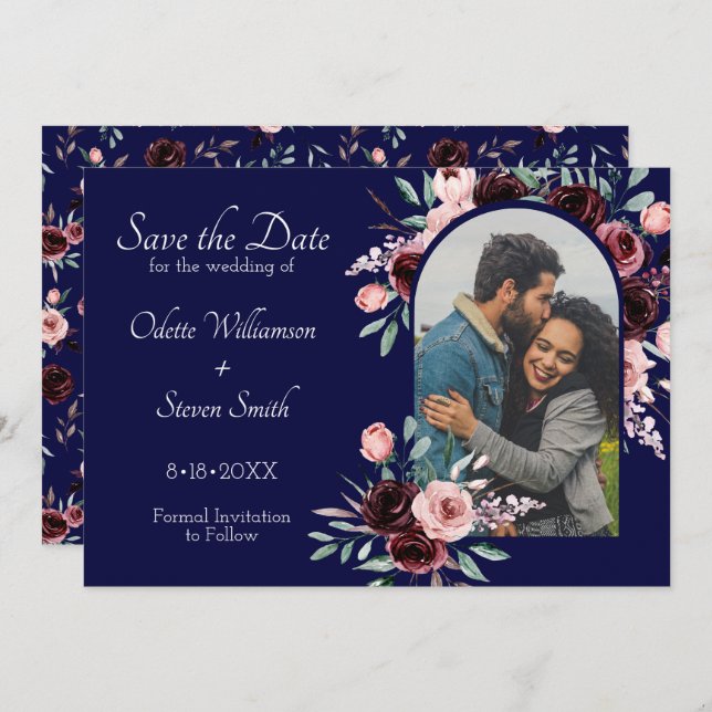 Hochzeit von Navy Blue und Burgund Floral Foto Save The Date (Vorne/Hinten)