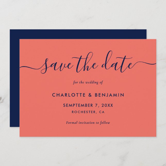 Hochzeit von Navy Blue und Coral Modern Script Save The Date (Vorne/Hinten)