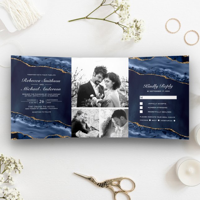 Hochzeit von Navy Blue und Gold Agate Foto Collage Dreifach Gefaltete Einladung (Von Creator hochgeladen)