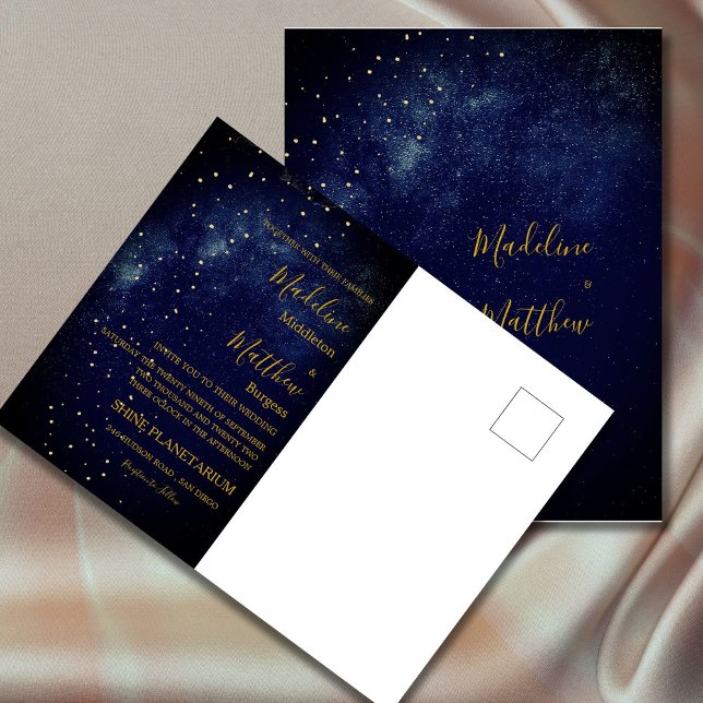 Hochzeit von Navy Blue und Gold Celestial Postkarte (Von Creator hochgeladen)