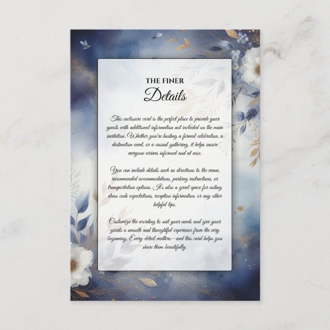 Hochzeit von Navy Blue und Gold Floral Begleitkarte (Vorderseite)