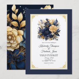 Hochzeit von Navy Blue und Gold Floral Einladung