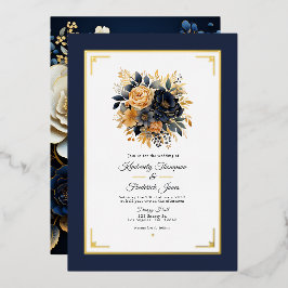 Hochzeit von Navy Blue und Gold Floral Folieneinladung