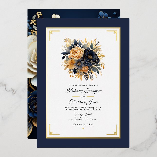 Hochzeit von Navy Blue und Gold Floral Folieneinladung (Vorderseite/Rückseite)