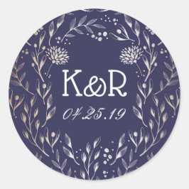 Hochzeit von Navy Blue und Gold Floral Garden Runder Aufkleber