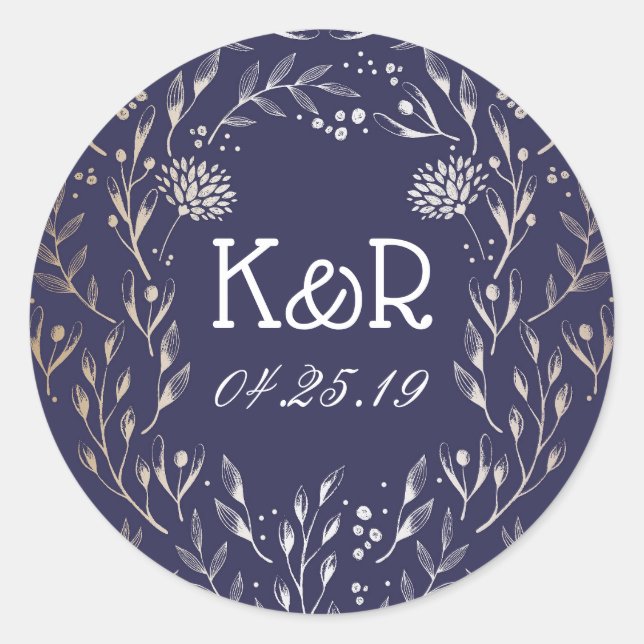 Hochzeit von Navy Blue und Gold Floral Garden Runder Aufkleber (Vorderseite)