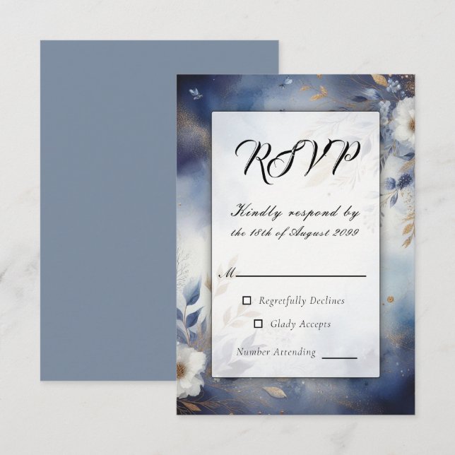 Hochzeit von Navy Blue und Gold Floral RSVP Karte (Vorne/Hinten)