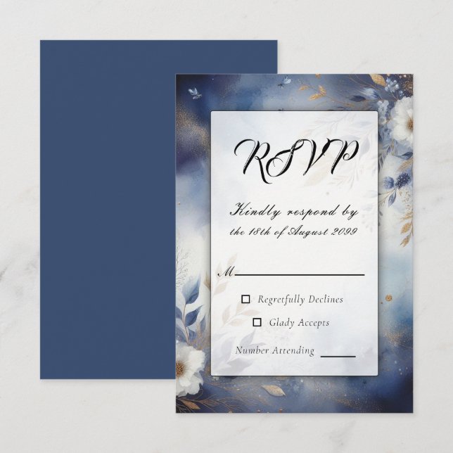 Hochzeit von Navy Blue und Gold Floral RSVP Karte (Vorne/Hinten)