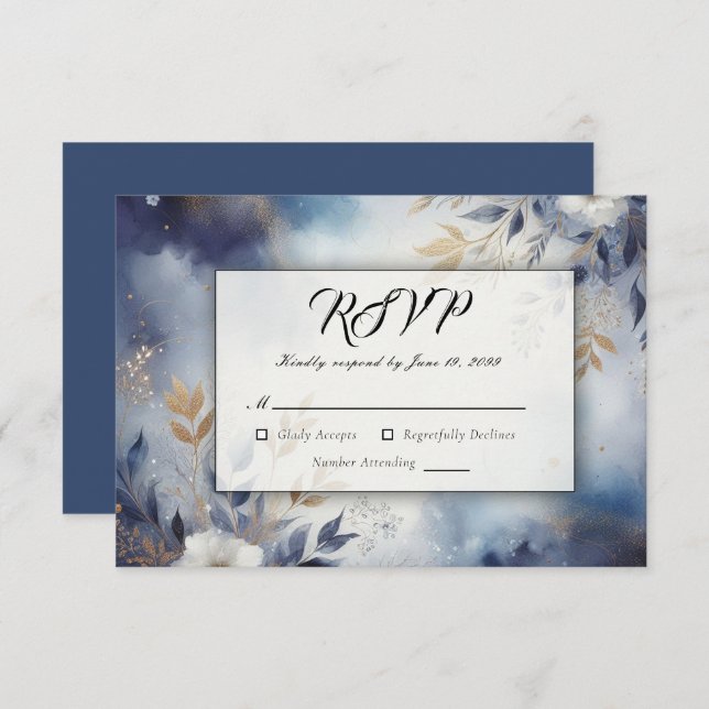 Hochzeit von Navy Blue und Gold Floral RSVP Karte (Vorne/Hinten)