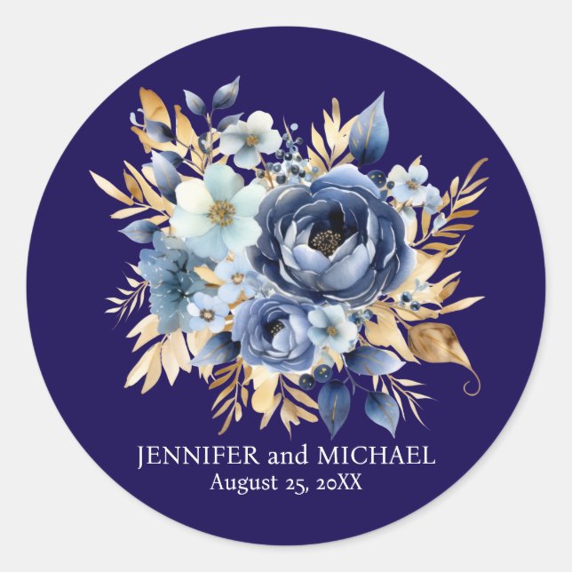 Hochzeit von Navy Blue und Gold Floral Runder Aufkleber (Vorderseite)