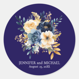 Hochzeit von Navy Blue und Gold Floral Runder Aufkleber