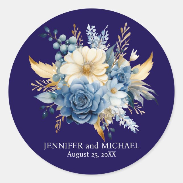 Hochzeit von Navy Blue und Gold Floral Runder Aufkleber (Vorderseite)