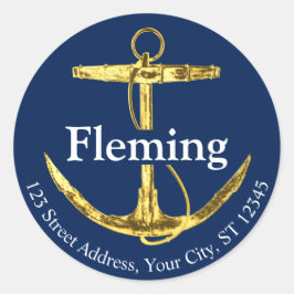 Hochzeit von Navy Blue und Gold Nautical Anchor Runder Aufkleber