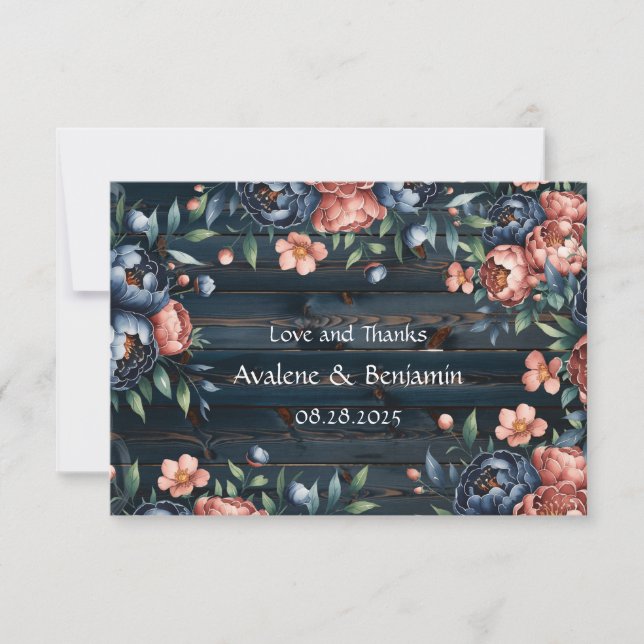Hochzeit von Navy Blue und Kupfer Peony Bouquet Wo Dankeskarte (Vorderseite)
