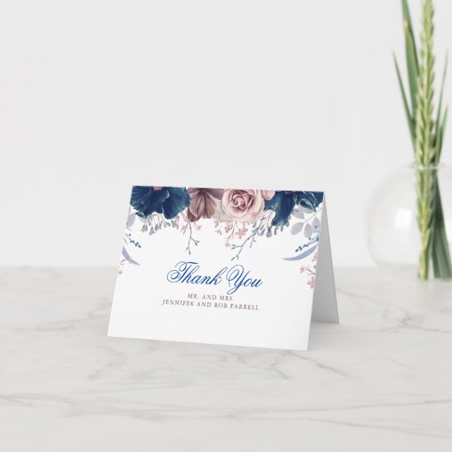 Hochzeit von Navy Blue und Mauve Dankeskarte (Vorderseite)