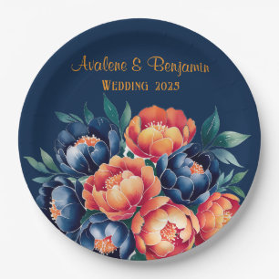Hochzeit von Navy Blue und Orange Peony Blume Pappteller