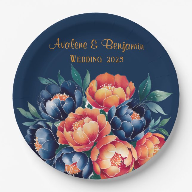 Hochzeit von Navy Blue und Orange Peony Blume Pappteller (Vorderseite)