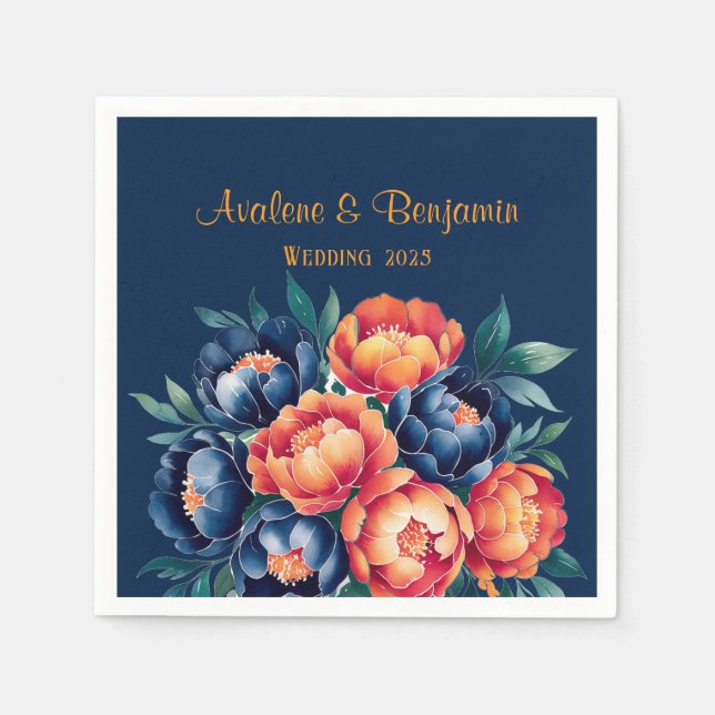 Hochzeit von Navy Blue und Orange Peony Blume Serviette (Vorderseite)