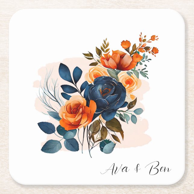 Hochzeit von Navy Blue und Orange Peony Rechteckiger Pappuntersetzer (Vorderseite)