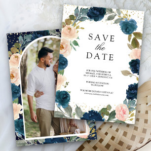 Hochzeit von Navy Blue und Peach Floral Foto Save The Date