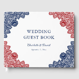 Hochzeit von Navy Blue und Red Floral Lace Gästebuch