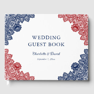Hochzeit von Navy Blue und Red Floral Lace Gästebuch
