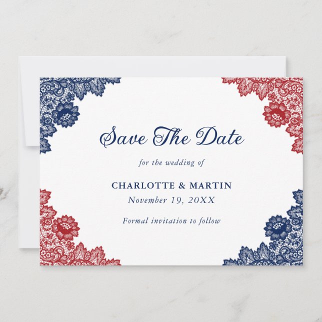 Hochzeit von Navy Blue und Red Floral Lace Save The Date (Vorderseite)