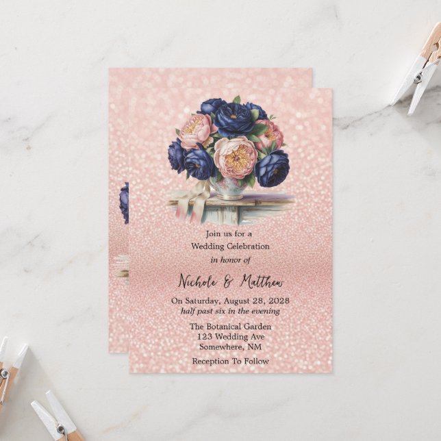 Hochzeit von Navy Blue und Rose Gold Einladung (Vorderseite/Rückseite Beispiel)