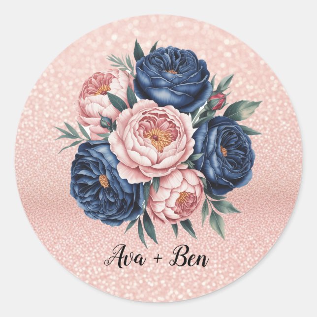 Hochzeit von Navy Blue und Rose Gold Runder Aufkleber (Vorderseite)
