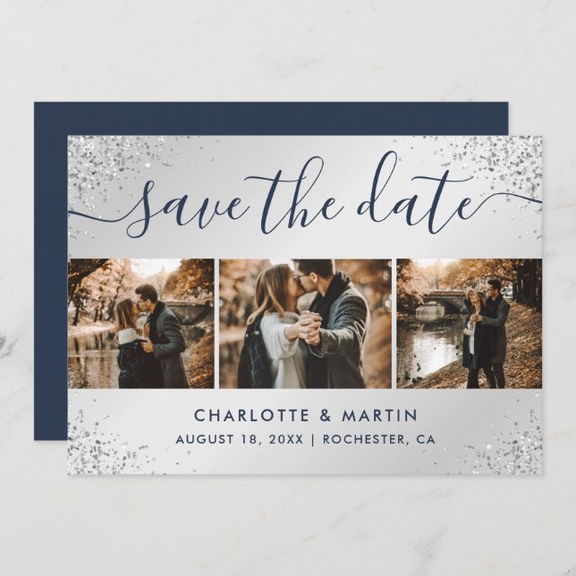 Hochzeit von Navy Blue und Silver Glitzer Save The Date (Vorne/Hinten)