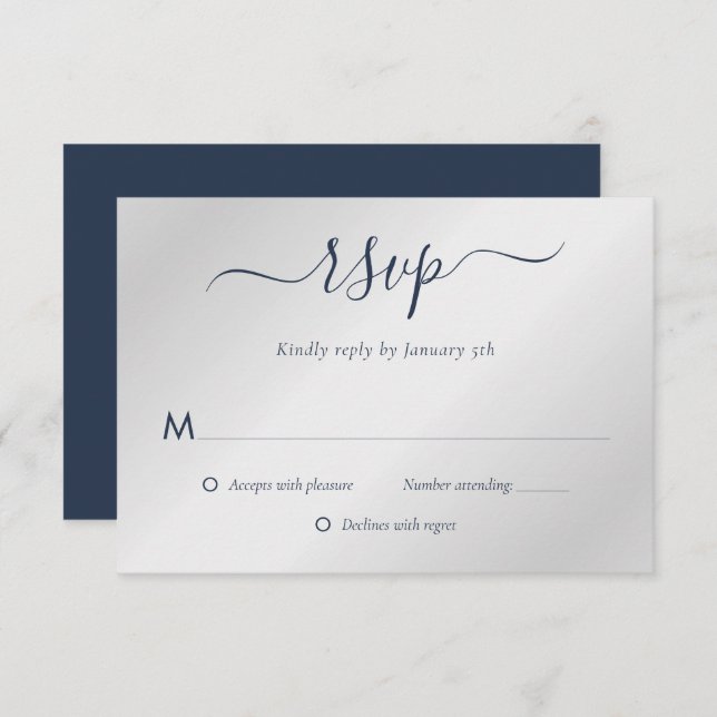 Hochzeit von Navy Blue und Silver RSVP Karte (Vorne/Hinten)