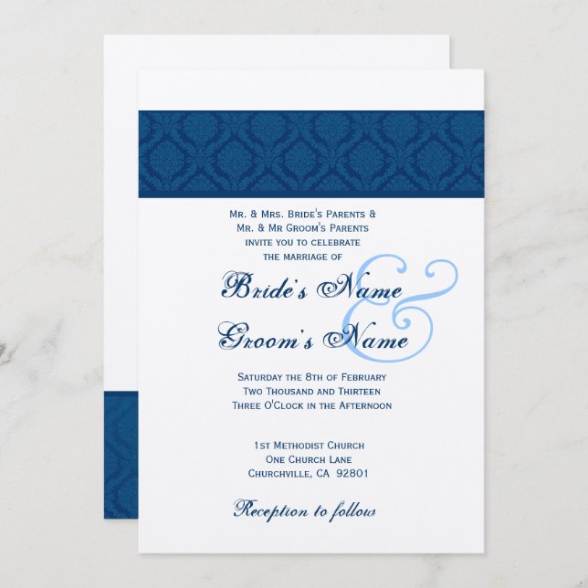 Hochzeit von Navy Blue und White Diamond Damask Einladung (Vorne/Hinten)
