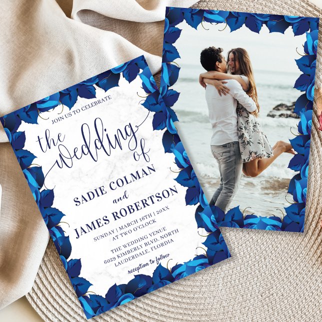 Hochzeit von Navy Blue und White Floral Foto Einladung (Von Creator hochgeladen)