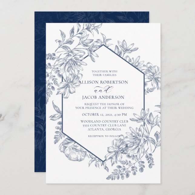 Hochzeit von Navy Blue und White Geometric Floral Einladung (Vorne/Hinten)