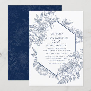 Hochzeit von Navy Blue und White Geometric Floral Einladung