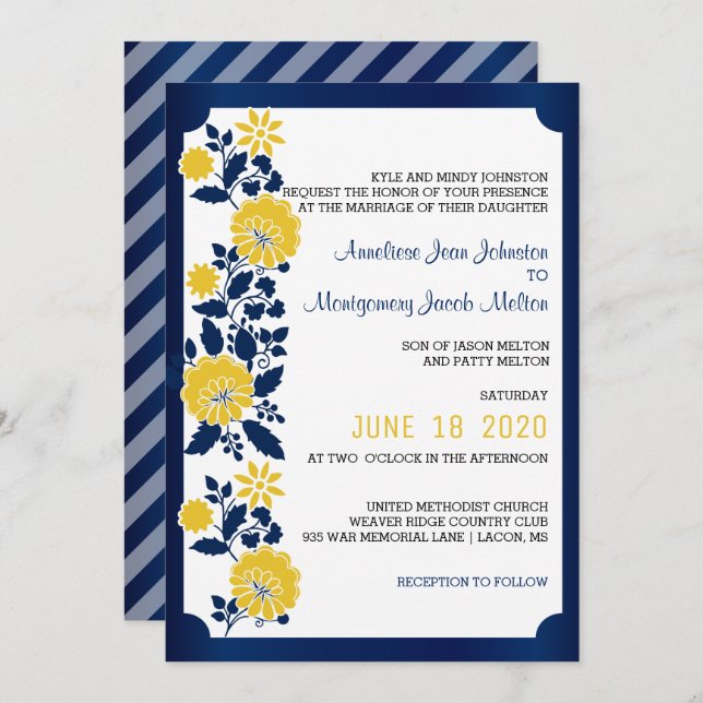 Hochzeit von Navy Blue und Yellow Floral Einladung (Vorne/Hinten)