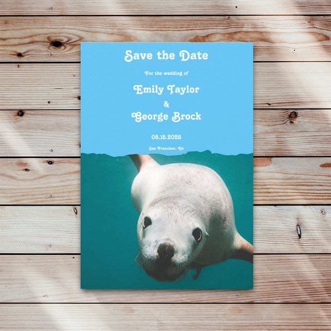 Hochzeit von Navy Blue Underwater Sea Lion Aqua Co Save The Date (Von Creator hochgeladen)