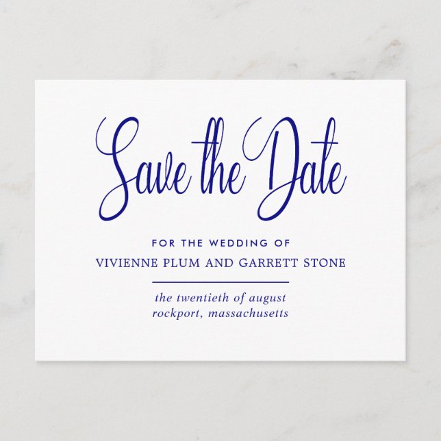 Hochzeit von Navy Blue White Calligraphy Save the  Einladungspostkarte (Vorderseite)