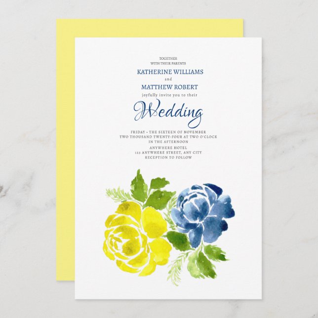 Hochzeit von Navy Blue Yellow Blumensommer Einladung (Vorne/Hinten)