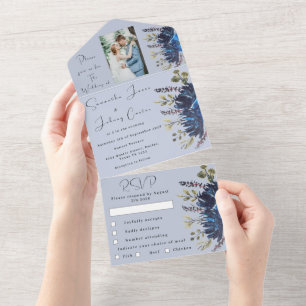 Hochzeit von Navy & Dusty Blue Floral Foto All In One Einladung