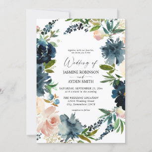 Hochzeit von Navy, Dusty Blue & Pink Floral 2 Einladung