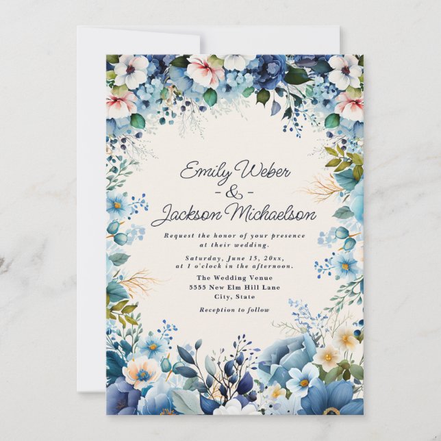 Hochzeit von Navy Dusty Blue Watercolor Einladung (Vorderseite)