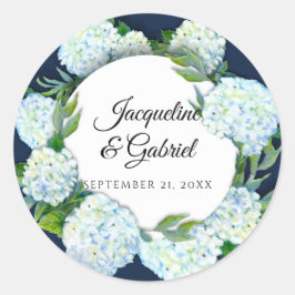 Hochzeit von Navy Floral White Hydrangea Foliage D Runder Aufkleber