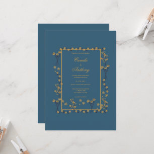 Hochzeit von Navy Gold Floral Border Einladung